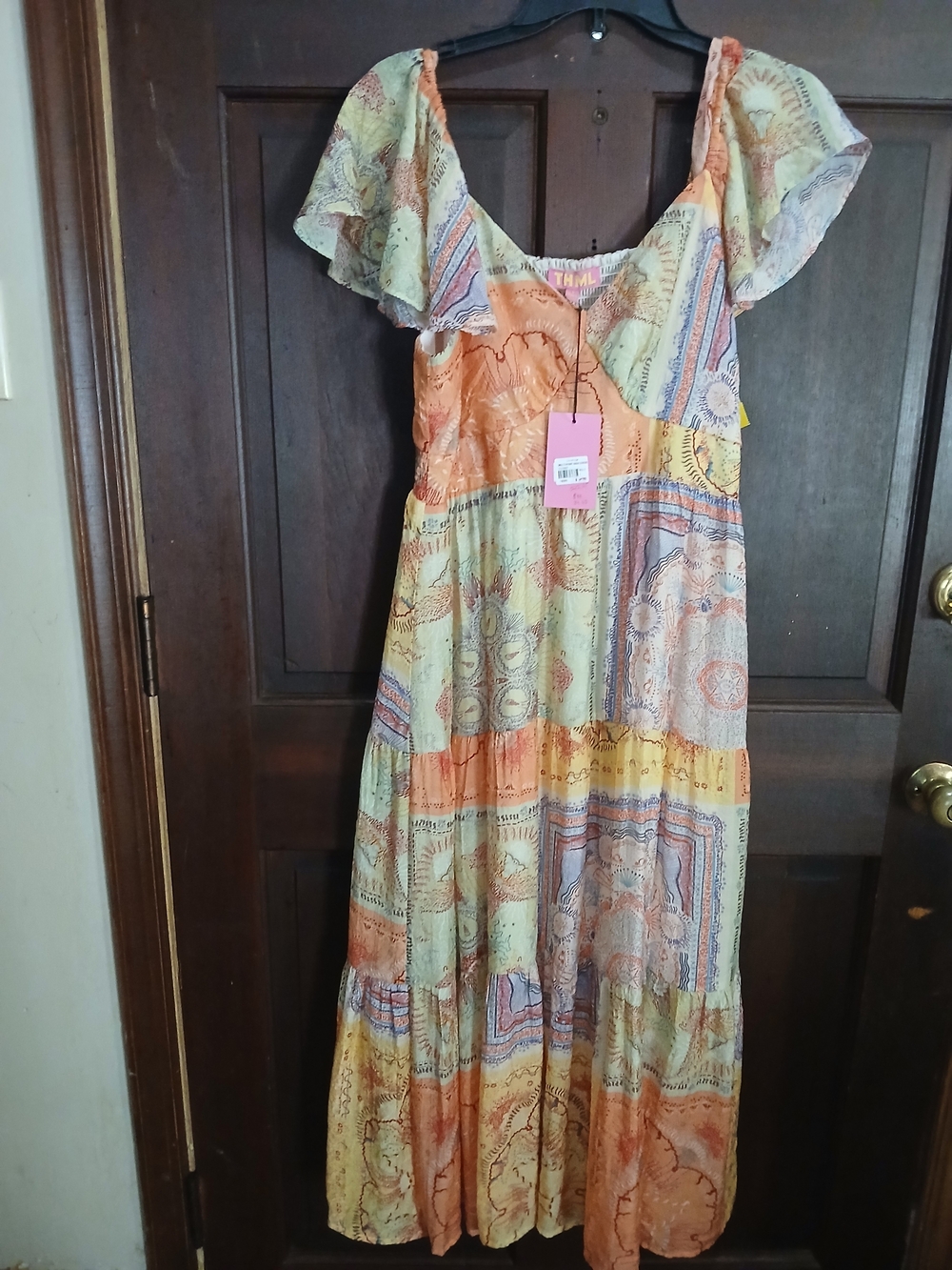 THML Peach and Cream Boho Tiered Maxi Dress NWT Size L Cottagecore Fairy